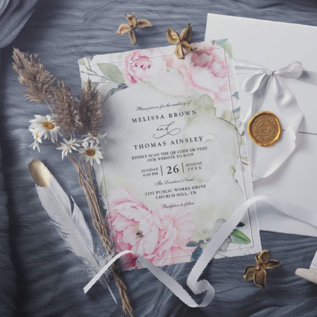 Pink Flowers Greenery Elegant QR Code Wedding Invitation (Creator Uploaded)