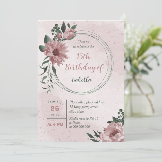  pink flowers greenery wreath birthday invitation (Standing Front)