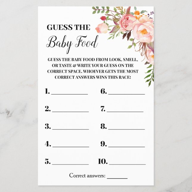 Pink Flowers Guess the Baby Food Shower Game Card (Front)