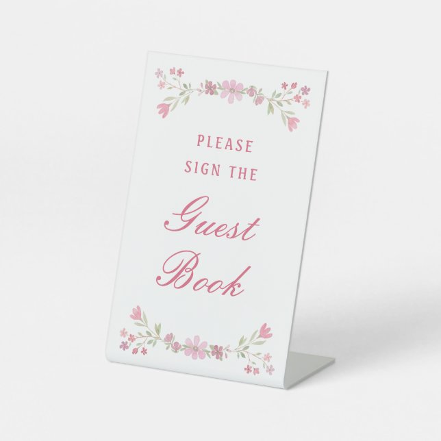 Pink Flowers Guest Book Pedestal Sign (Front)