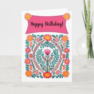 Pink Flowers Happy Birthday Card
