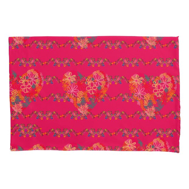 Pink flowers heart and paisley fuchsia pillowcase (Front)