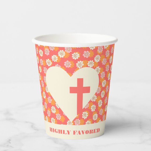 Pink Flowers Heart & Cross Women's Christian Paper Cups (Front)