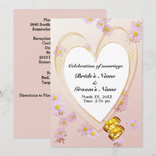 Pink Flowers Heart Frame & Gold Rings Wedding Invitation