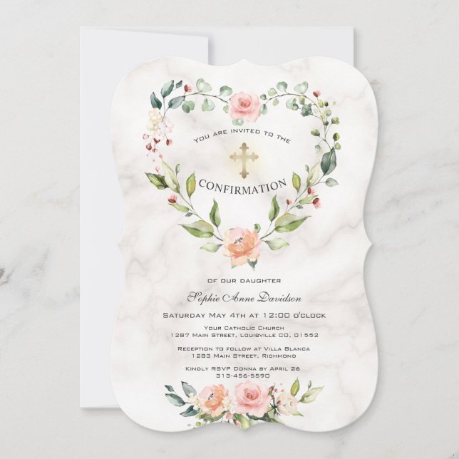 Pink Flowers Heart Frame Marble Girl Confirmation Invitation (Front)