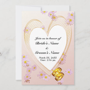 Pink Flowers, Heart Frame, Rings Rehearsal Dinner Invitation