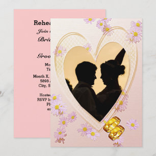 Pink Flowers, Heart, Photo, Rings Rehearsal Dinner Invitation