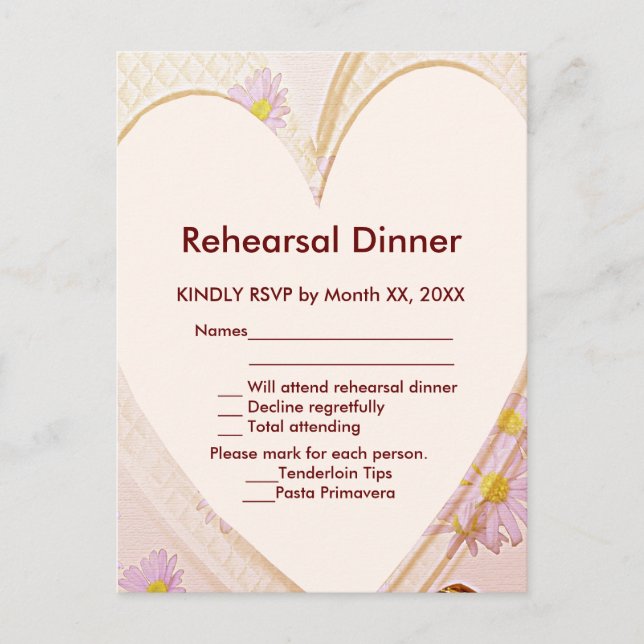 Pink Flowers, Heart, Rings RSVP Rehearsal Dinner Invitation Postcard (Front)