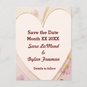 Pink Flowers, Heart, Rings, Save the Date Postcard