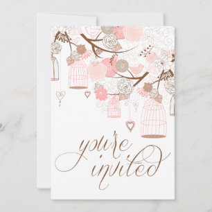 Pink Flowers Hearts & Birdcages Wedding Invitation