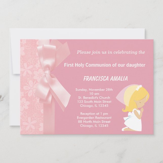 Pink Flowers Holly Communion Invitation (Front)