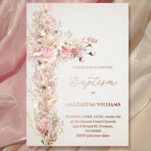 Pink flowers Holy cross Baptism Foil Invitation