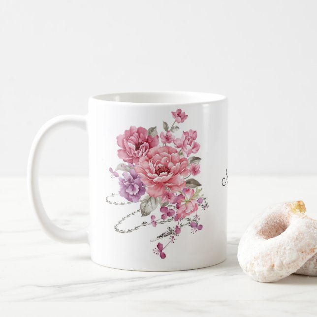 Pink Flowers Holy Rosary Memorare Prayer Coffee Mug (With Donut)
