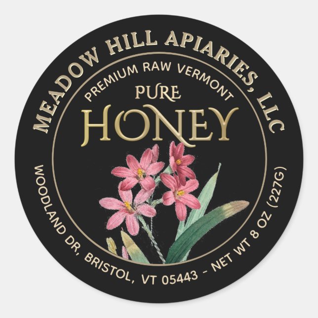 PINK FLOWERS HONEY LABEL GOLD ON BLACK (Front)