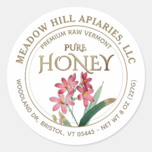 PINK FLOWERS HONEY LABEL GOLD ON WHITE
