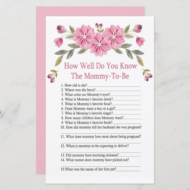 Pink flowers How well do you know baby shower game (Front/Back)