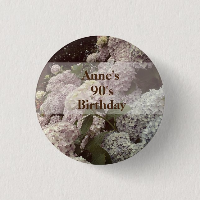Pink Flowers Hydrangea 90th Birthday Badges (Front)