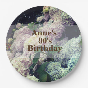 Pink Flowers Hydrangea 90th Birthday Paper Plate