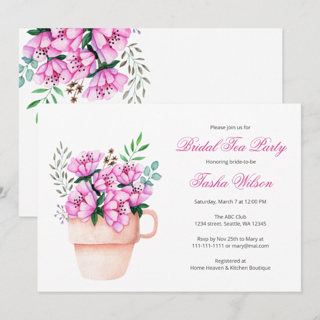 Pink Flowers in a Teacup Bridal Shower Tea Party Invitation (Front/Back)