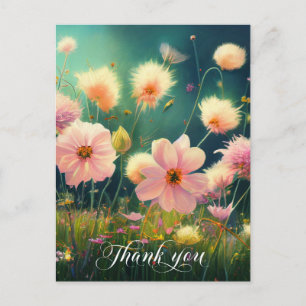 Pink Flowers in Field THANK YOU   Blank Postcard