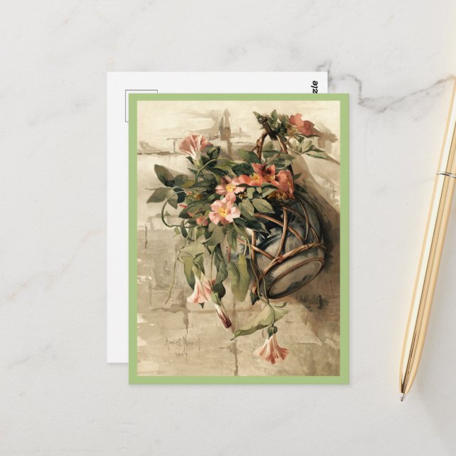 Pink Flowers in Hanging Vase, floral Postcard (Front/Back In Situ)