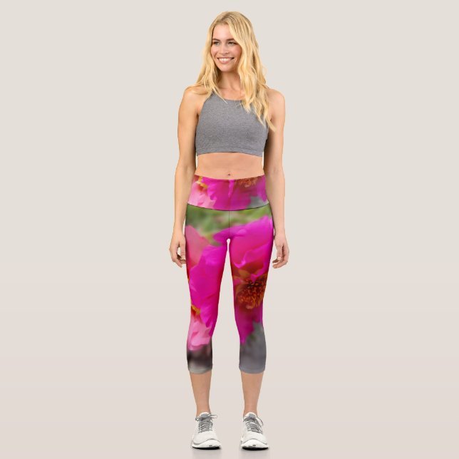 Pink flowers in the sun capri leggings (Front)