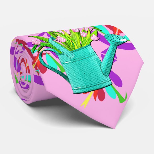 Pink Flowers in Turquoise Watering Can Pink Tie  (Rolled)