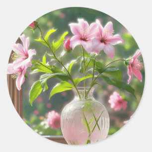 Pink Flowers In Vase Classic Round Sticker