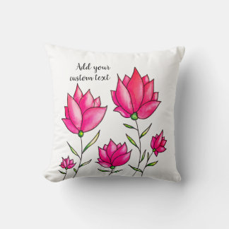 Pink Flowers Ink Watercolor Artsy Custom Text Cushion