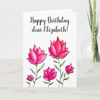 Pink Flowers Ink Watercolor Happy Birthday Name Card