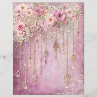 Pink Flowers Jewels Junk Journal Scrapbook Paper