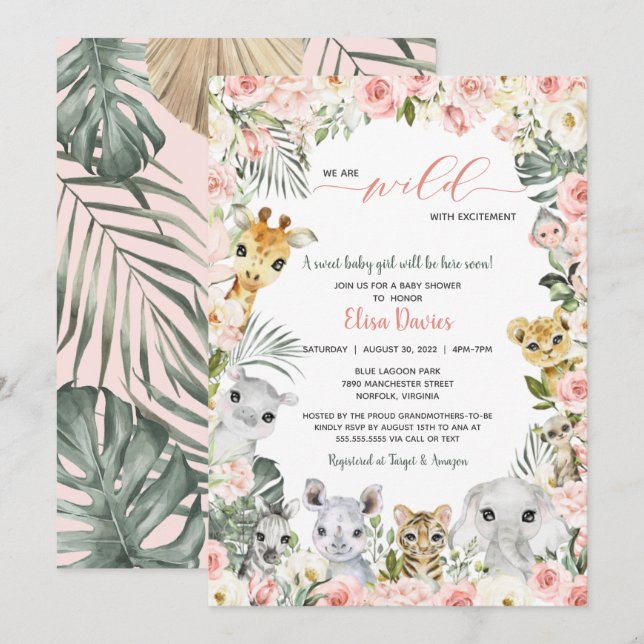 Pink Flowers Jungle Safari Animals Baby Shower Invitation (Front/Back)
