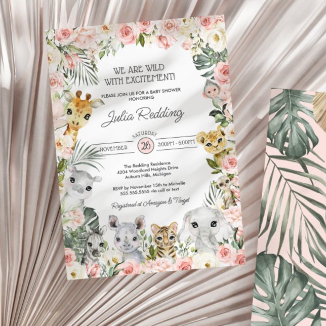 Pink Flowers Jungle Safari Animals Baby Shower Invitation (Creator Uploaded)
