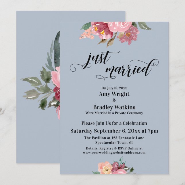 Pink Flowers Just Married Typography Dusty Blue Invitation (Front/Back)
