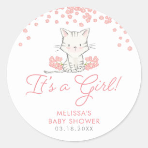 Pink Flowers Kitten Girl Baby Shower Classic Round Sticker