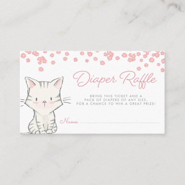 Pink Flowers Kitten Girl Baby Shower Diaper Raffle Enclosure Card (Front)