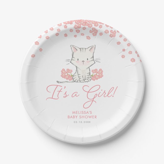 Pink Flowers Kitten Girl Baby Shower Paper Plate (Front)