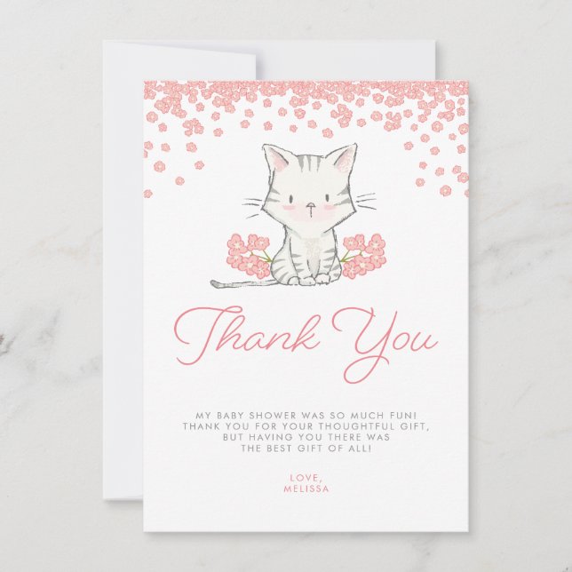 Pink Flowers Kitten Girl Baby Shower Thank You Card (Front)
