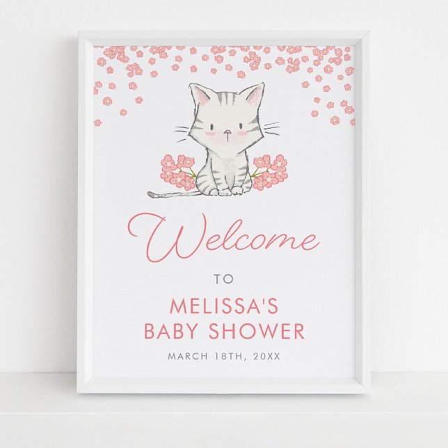 Pink Flowers Kitten Girl Baby Shower Welcome Poster (Creator Uploaded)