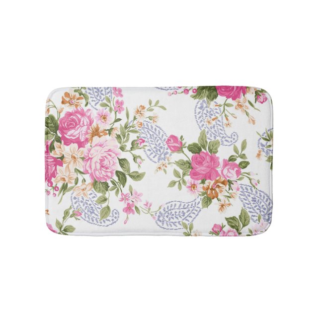 Pink Flowers Knitted Leaves Bath Mat (Front)