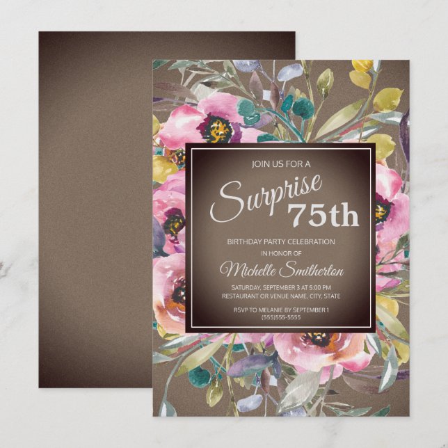 Pink Flowers Leaves Rustic Brown 75th Birthday Invitation (Front/Back)