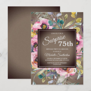 Pink Flowers Leaves Rustic Brown 75th Birthday Invitation