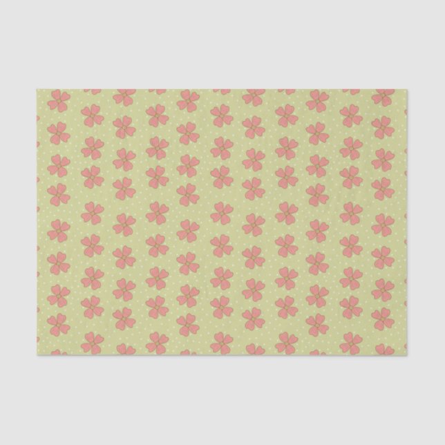 Pink Flowers Light Green Polka Dot Pretty Tissue Paper (Front)