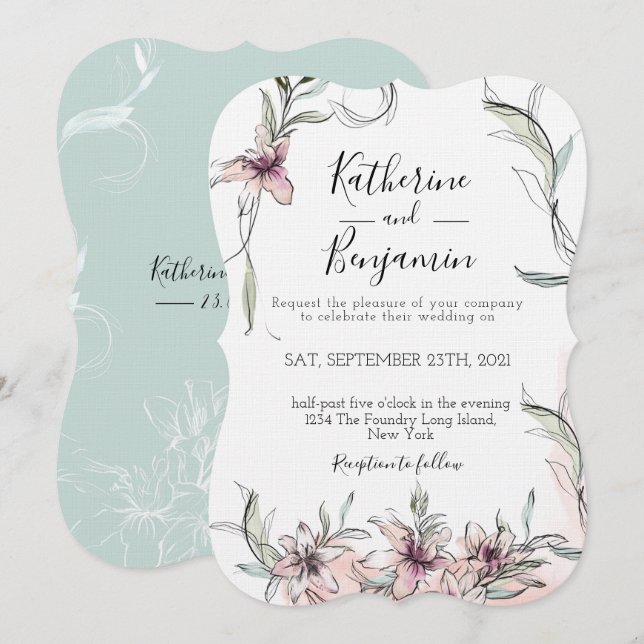 Pink Flowers Lilies Wedding Invitation (Front/Back)