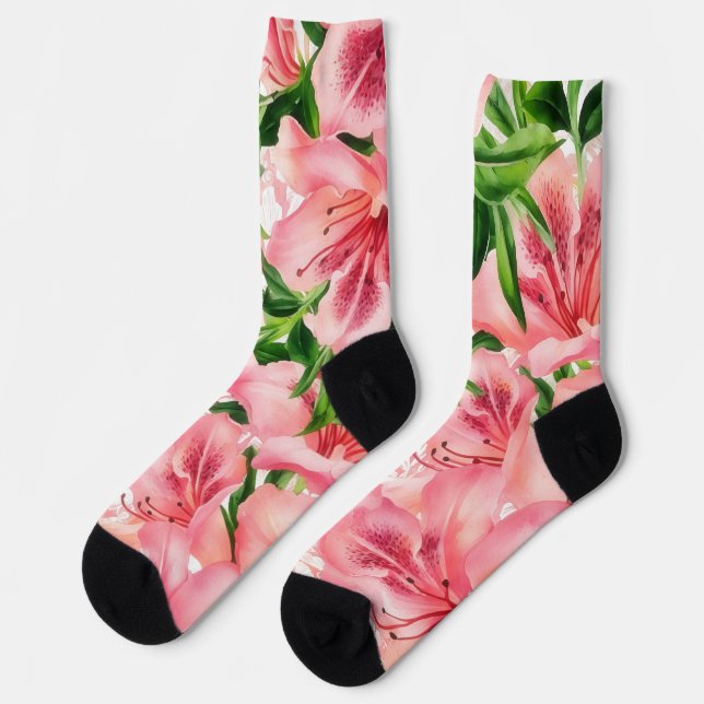 Pink Flowers Lily Vintage Style Art Socks (Left)