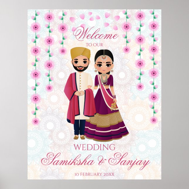 Pink flowers mandalas Indian couple illustration Poster (Front)