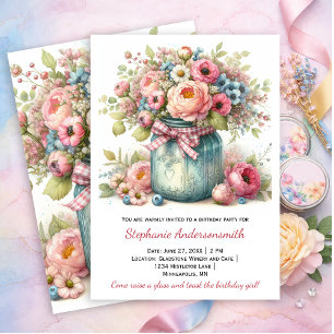 Pink Flowers Mason Jar Birthday Party   Invitation