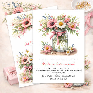 Pink Flowers Mason Jar Birthday Party   Invitation