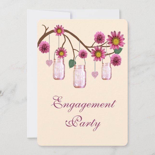 Pink Flowers Mason Jar Engagement Party Invitation (Front)