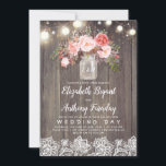 Pink Flowers Mason Jar Rustic Lace Wedding Invitation<br><div class="desc">Baby's breath and pink flowers mason jar,  string lights,  wood,  lace rustic wedding invitations</div>